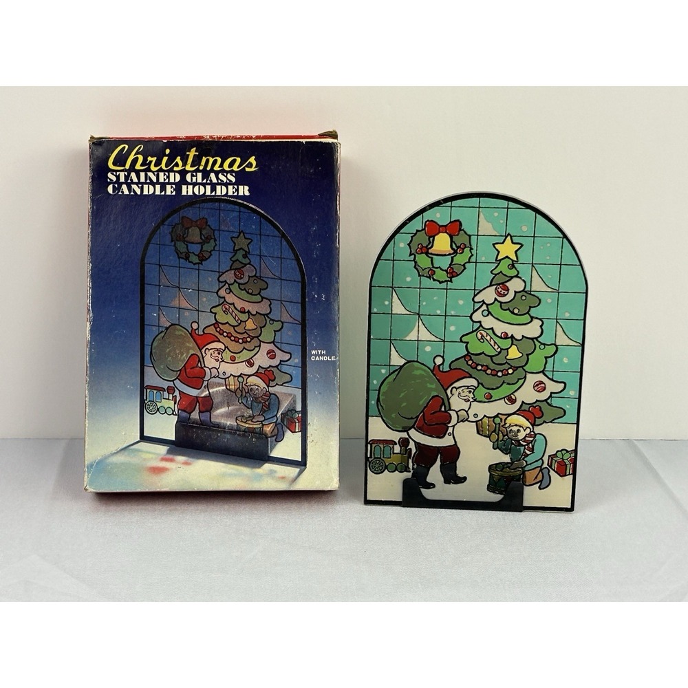Vintage Christmas Stained Glass Candle Holder Santa Tree Taiwan Decor